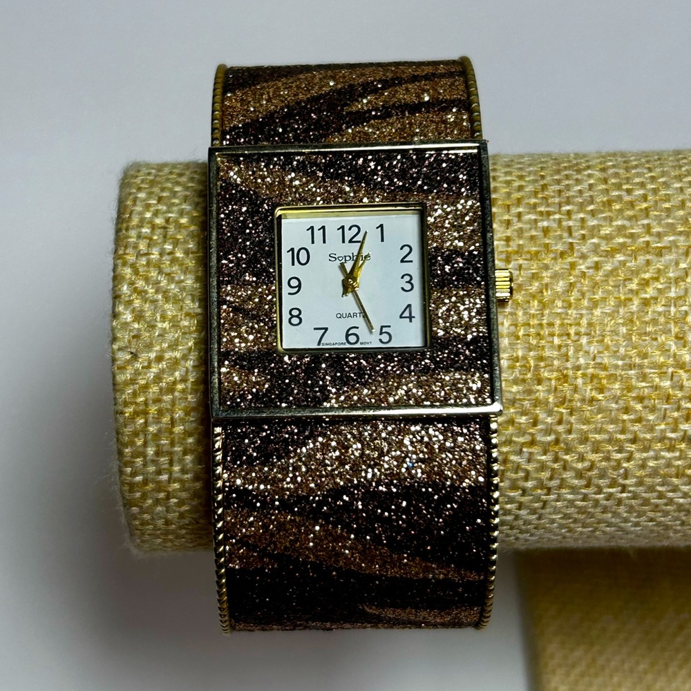 Sophie Animal Tiger Print Glitter Gold Tone Cuff Bangle Watch Needs New Battery